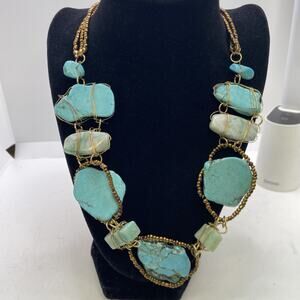 Womens South West Turquoise Slice Bronze Color Beads Wired Adjustable Necklace